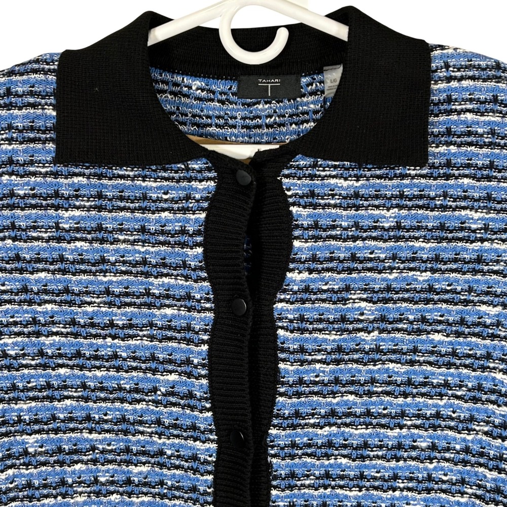 Tahari Womens Blue Striped Knit Cardigan Polo Collar Button Front Size Large New
